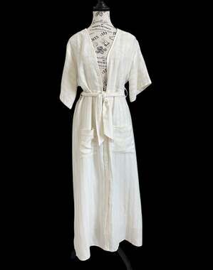 Love & Harmony Cream Stripe Kimono Maxi Dress Belted Button Pockets M